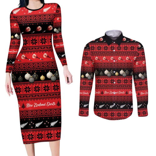 New Zealand Darts Christmas Couples Matching Long Sleeve Bodycon Dress and Long Sleeve Button Shirt Merry Xmas Aotearoa Maori Red - Aussie Hoodie