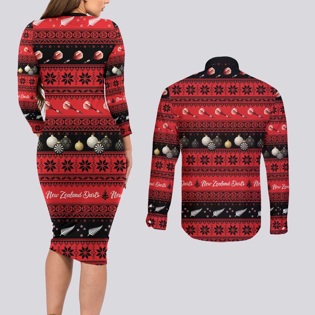 New Zealand Darts Christmas Couples Matching Long Sleeve Bodycon Dress and Long Sleeve Button Shirt Merry Xmas Aotearoa Maori Red - Aussie Hoodie