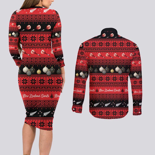 New Zealand Darts Christmas Couples Matching Long Sleeve Bodycon Dress and Long Sleeve Button Shirt Merry Xmas Aotearoa Maori Red - Aussie Hoodie