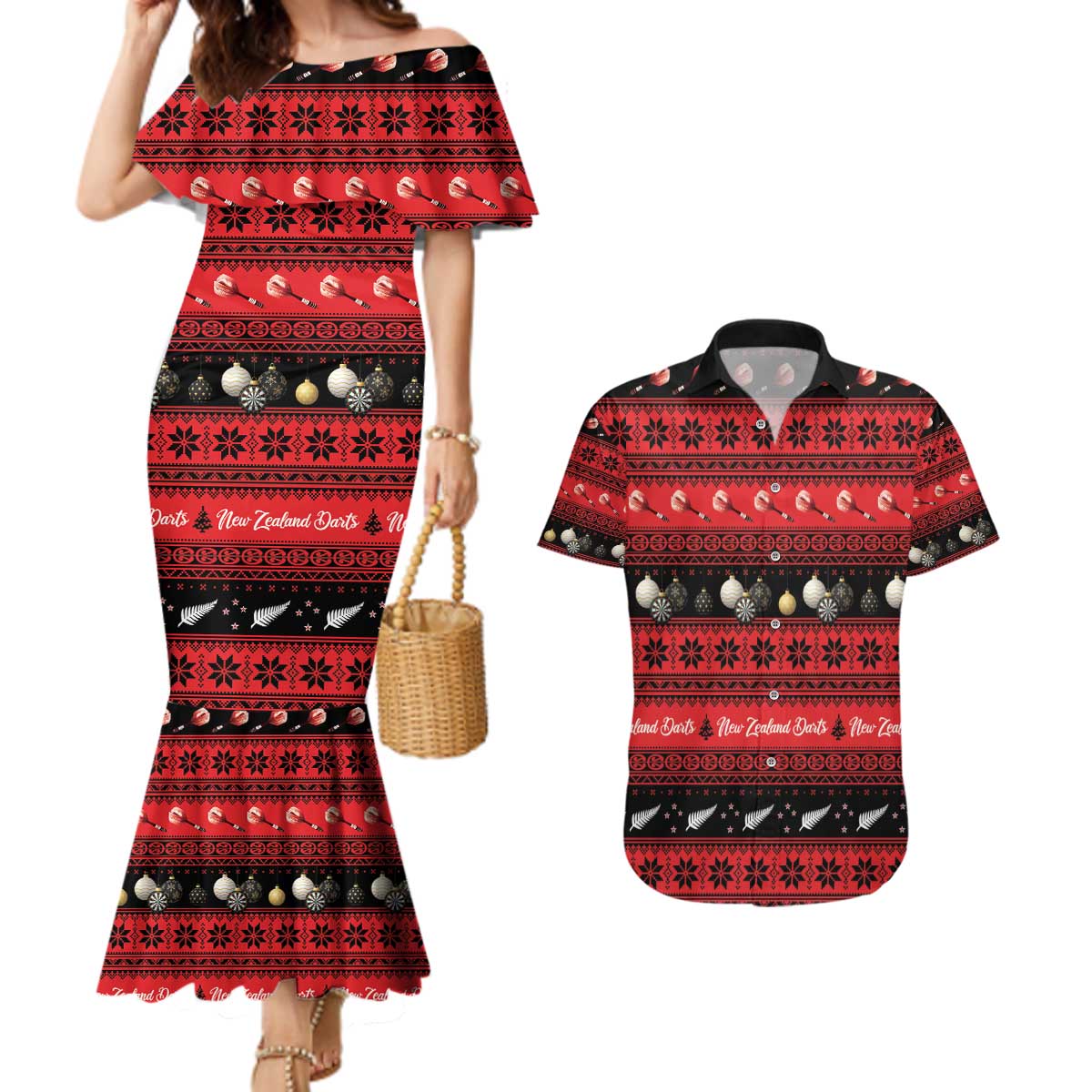 New Zealand Darts Christmas Couples Matching Mermaid Dress and Hawaiian Shirt Merry Xmas Aotearoa Maori Red - Aussie Hoodie