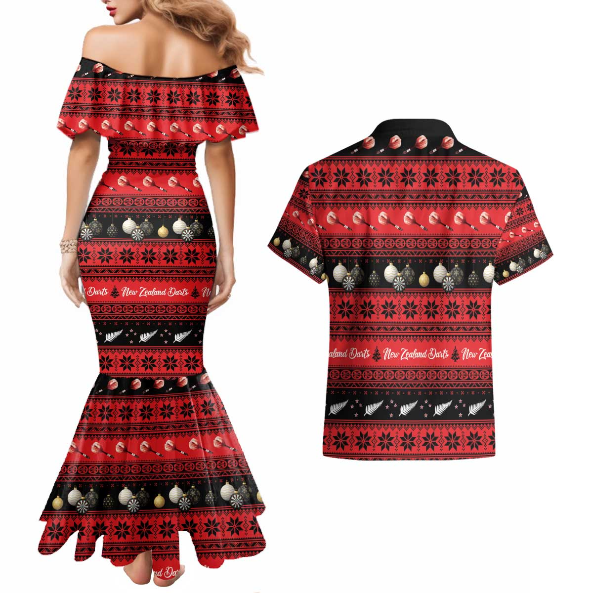 New Zealand Darts Christmas Couples Matching Mermaid Dress and Hawaiian Shirt Merry Xmas Aotearoa Maori Red - Aussie Hoodie
