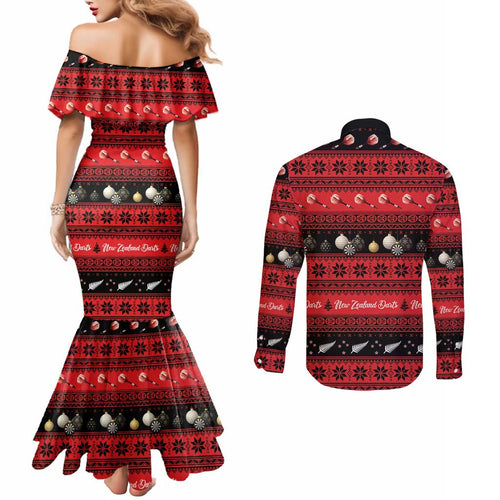 New Zealand Darts Christmas Couples Matching Mermaid Dress and Long Sleeve Button Shirt Merry Xmas Aotearoa Maori Red - Aussie Hoodie