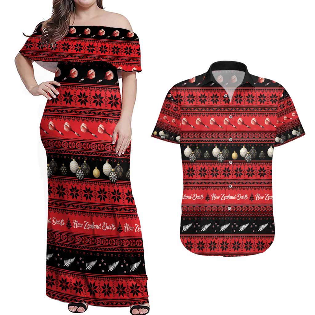 New Zealand Darts Christmas Couples Matching Off Shoulder Maxi Dress and Hawaiian Shirt Merry Xmas Aotearoa Maori Red - Aussie Hoodie