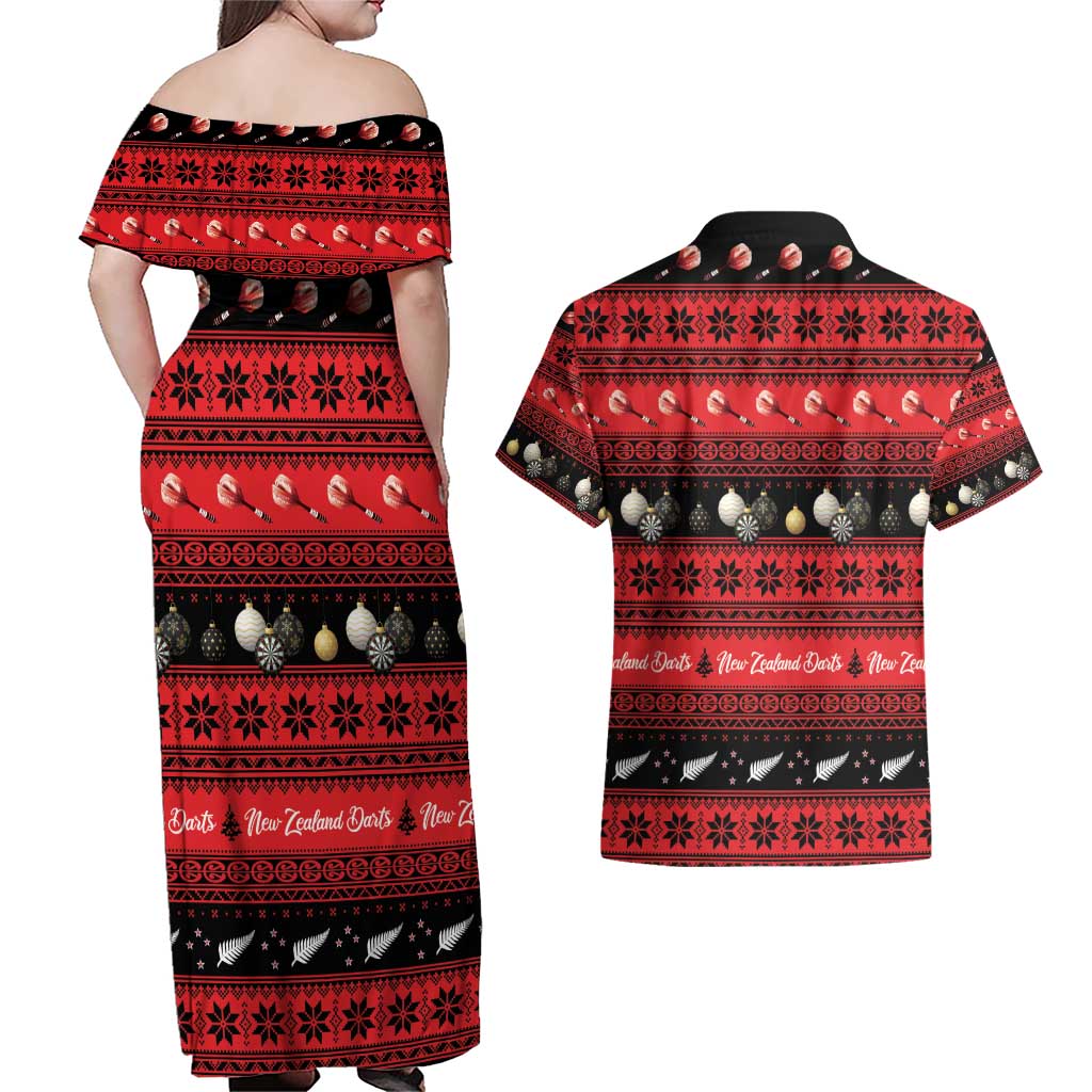 New Zealand Darts Christmas Couples Matching Off Shoulder Maxi Dress and Hawaiian Shirt Merry Xmas Aotearoa Maori Red - Aussie Hoodie