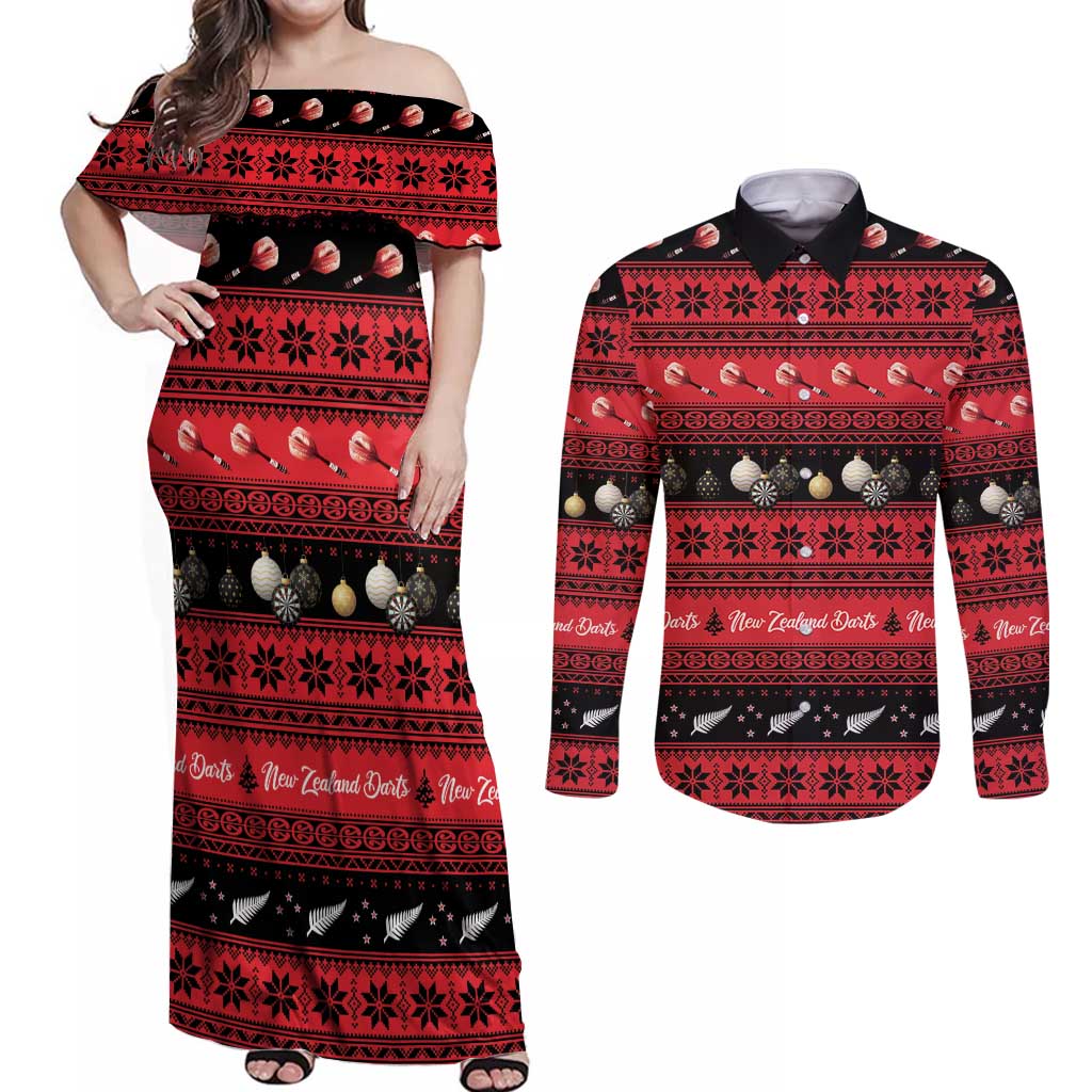 New Zealand Darts Christmas Couples Matching Off Shoulder Maxi Dress and Long Sleeve Button Shirt Merry Xmas Aotearoa Maori Red - Aussie Hoodie