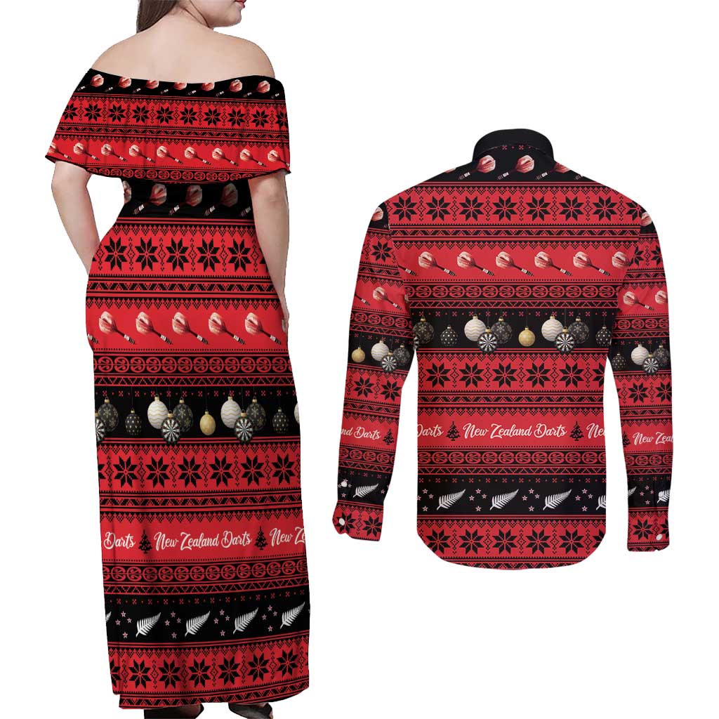 New Zealand Darts Christmas Couples Matching Off Shoulder Maxi Dress and Long Sleeve Button Shirt Merry Xmas Aotearoa Maori Red - Aussie Hoodie