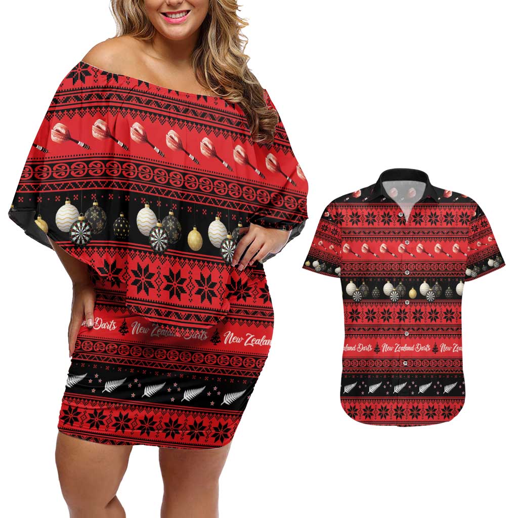 New Zealand Darts Christmas Couples Matching Off Shoulder Short Dress and Hawaiian Shirt Merry Xmas Aotearoa Maori Red - Aussie Hoodie