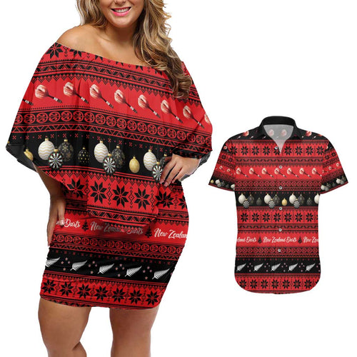 New Zealand Darts Christmas Couples Matching Off Shoulder Short Dress and Hawaiian Shirt Merry Xmas Aotearoa Maori Red - Aussie Hoodie