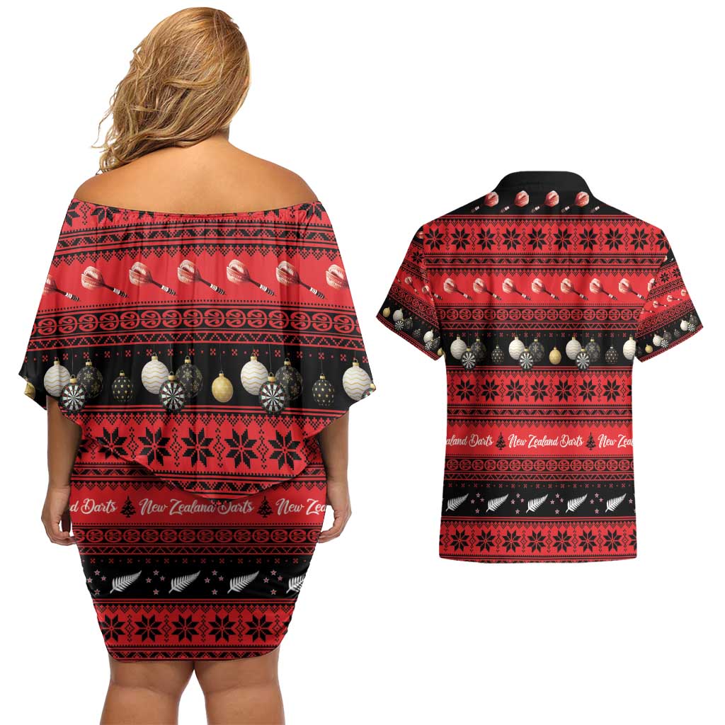 New Zealand Darts Christmas Couples Matching Off Shoulder Short Dress and Hawaiian Shirt Merry Xmas Aotearoa Maori Red - Aussie Hoodie