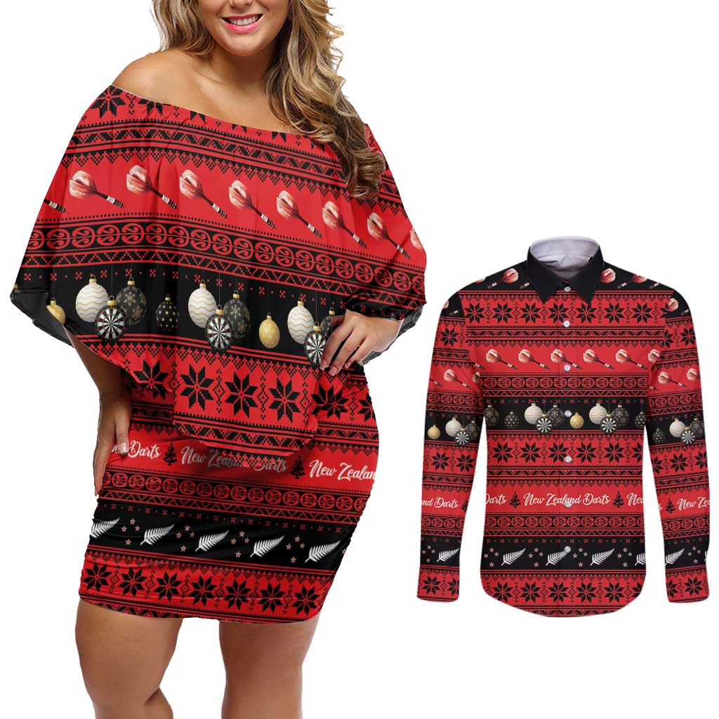 New Zealand Darts Christmas Couples Matching Off Shoulder Short Dress and Long Sleeve Button Shirt Merry Xmas Aotearoa Maori Red - Aussie Hoodie