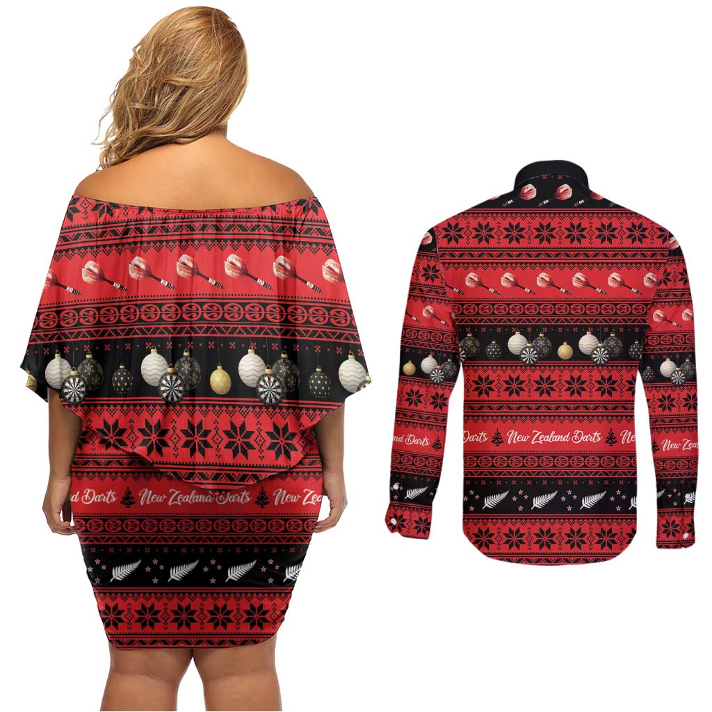 New Zealand Darts Christmas Couples Matching Off Shoulder Short Dress and Long Sleeve Button Shirt Merry Xmas Aotearoa Maori Red - Aussie Hoodie