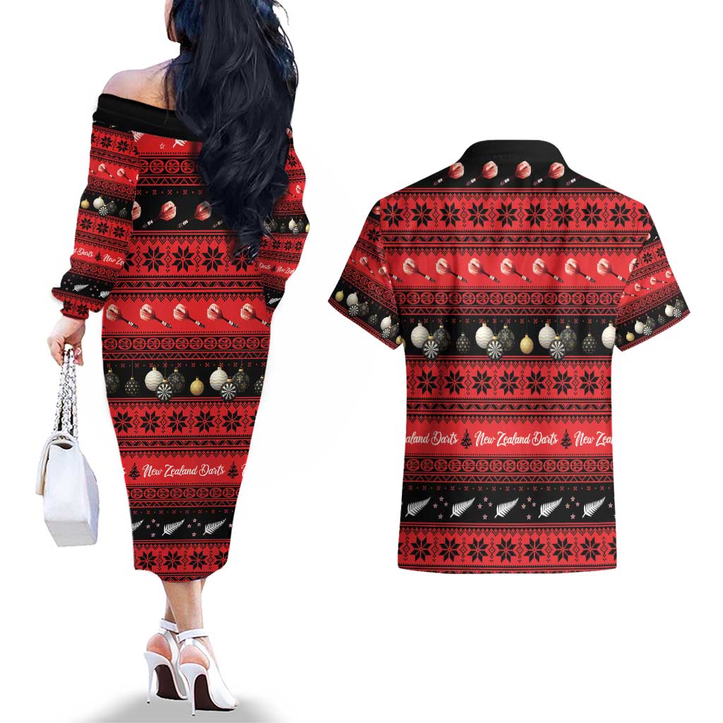 New Zealand Darts Christmas Couples Matching Off The Shoulder Long Sleeve Dress and Hawaiian Shirt Merry Xmas Aotearoa Maori Red - Aussie Hoodie