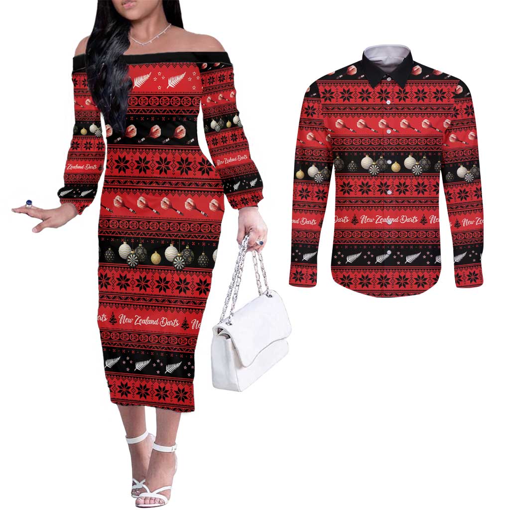 New Zealand Darts Christmas Couples Matching Off The Shoulder Long Sleeve Dress and Long Sleeve Button Shirt Merry Xmas Aotearoa Maori Red - Aussie Hoodie