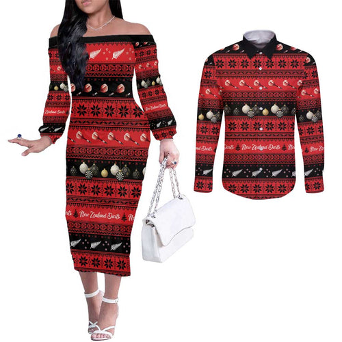 New Zealand Darts Christmas Couples Matching Off The Shoulder Long Sleeve Dress and Long Sleeve Button Shirt Merry Xmas Aotearoa Maori Red - Aussie Hoodie