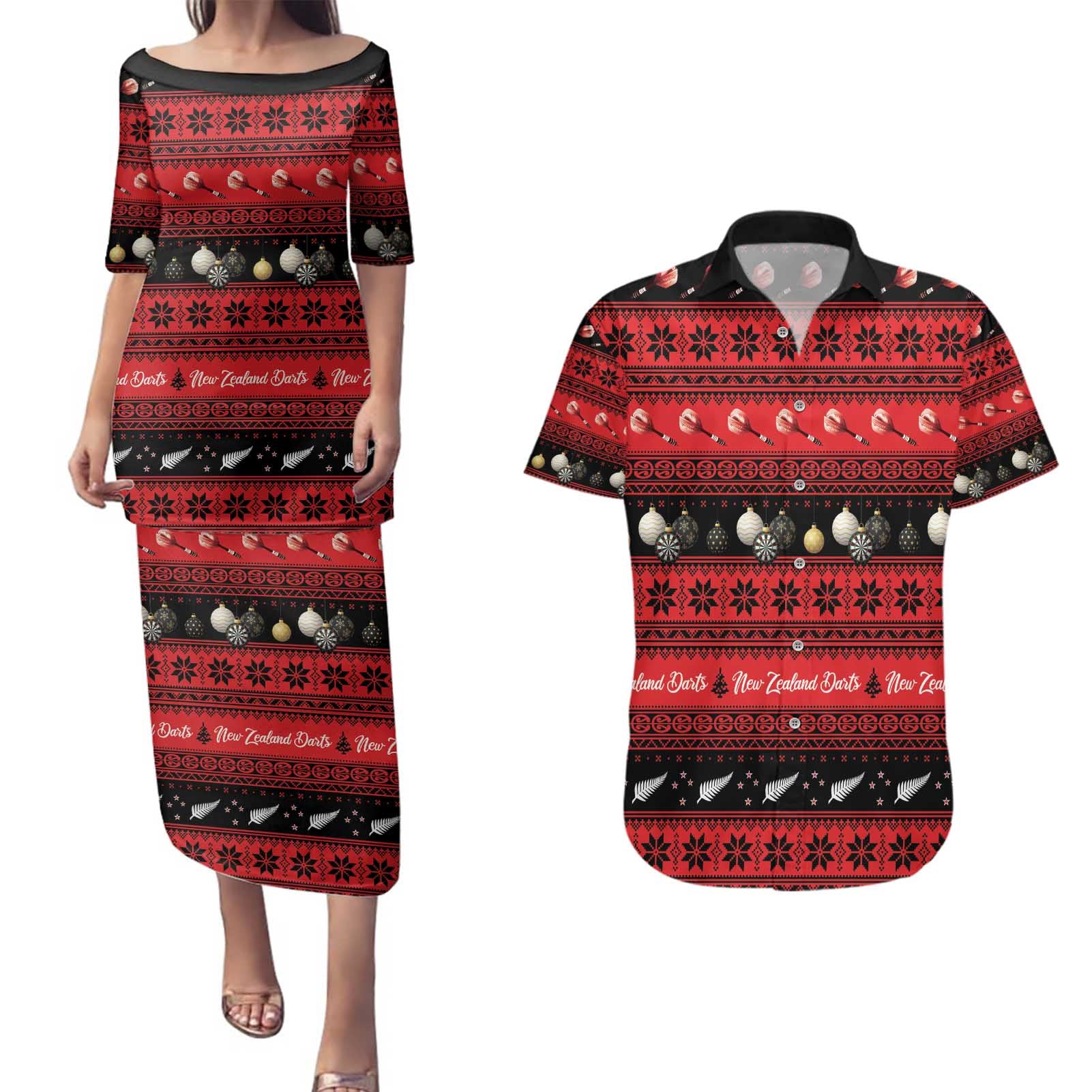 New Zealand Darts Christmas Couples Matching Puletasi and Hawaiian Shirt Merry Xmas Aotearoa Maori Red - Aussie Hoodie