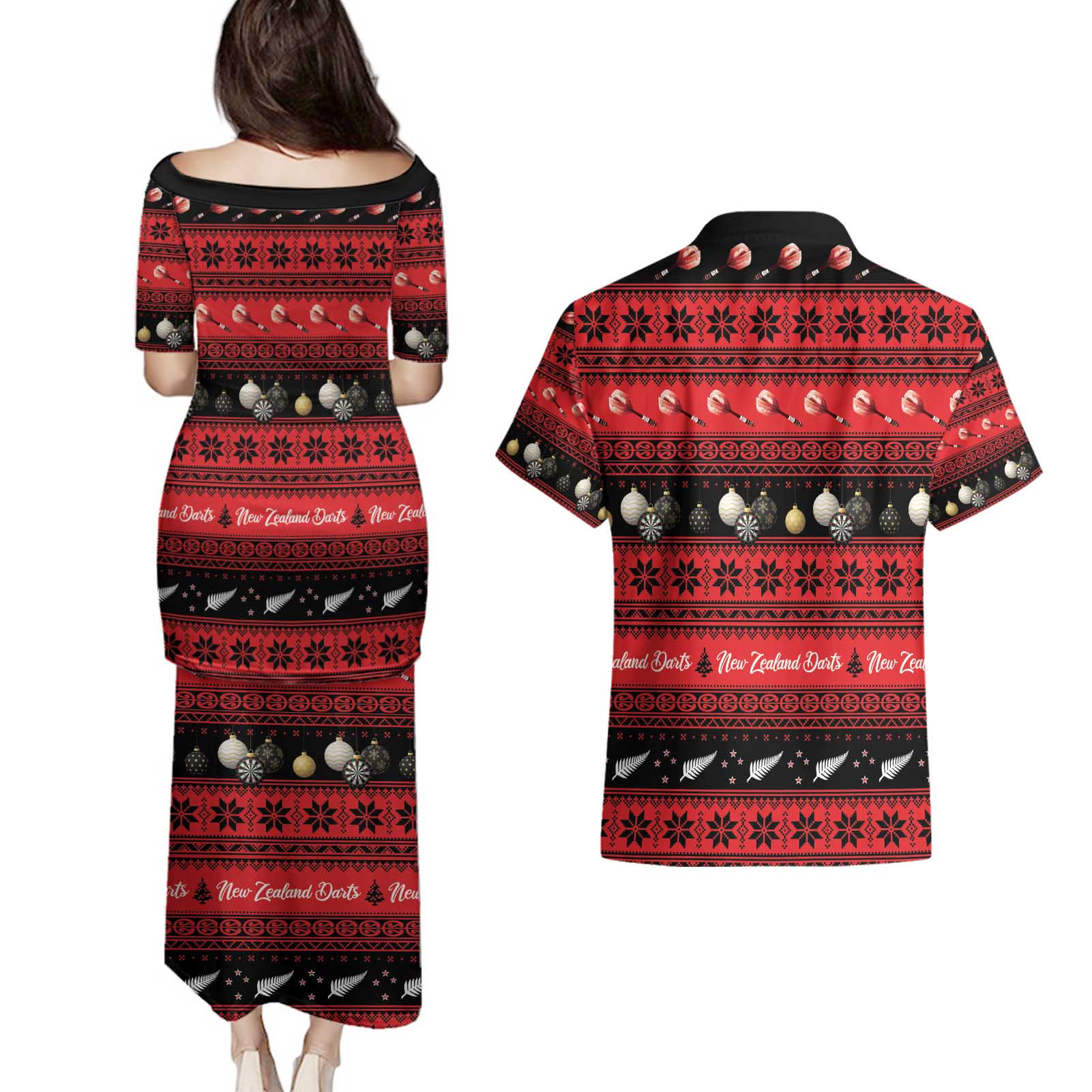 New Zealand Darts Christmas Couples Matching Puletasi and Hawaiian Shirt Merry Xmas Aotearoa Maori Red - Aussie Hoodie