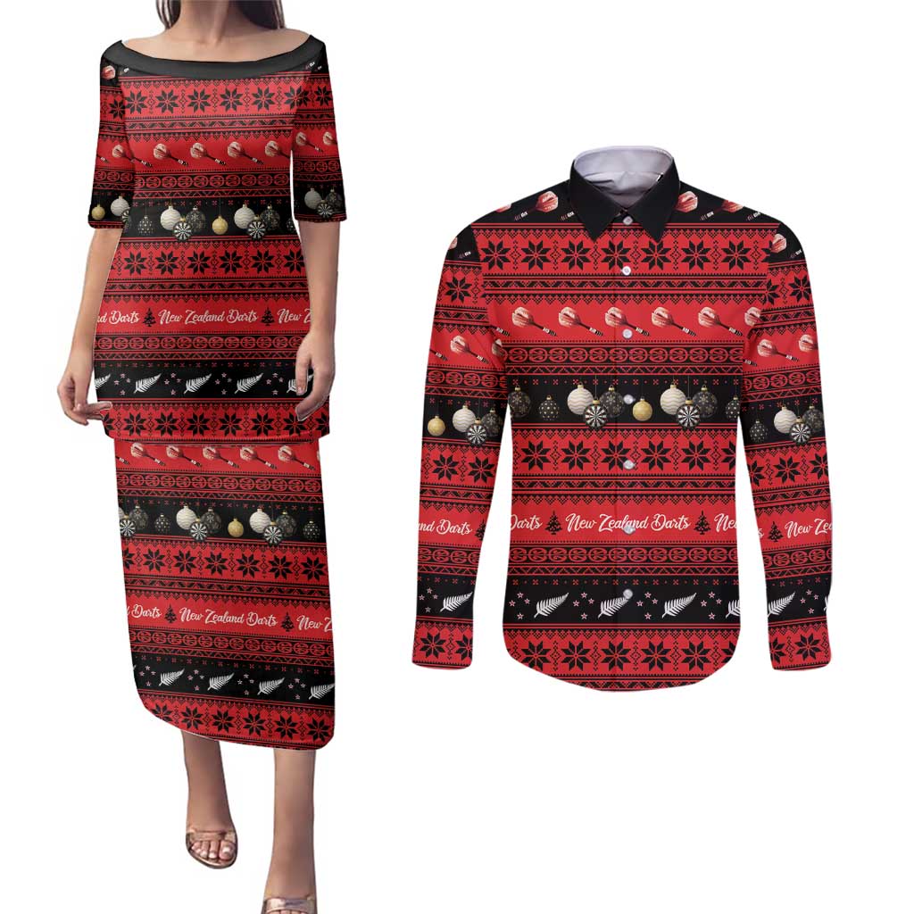 New Zealand Darts Christmas Couples Matching Puletasi and Long Sleeve Button Shirt Merry Xmas Aotearoa Maori Red - Aussie Hoodie