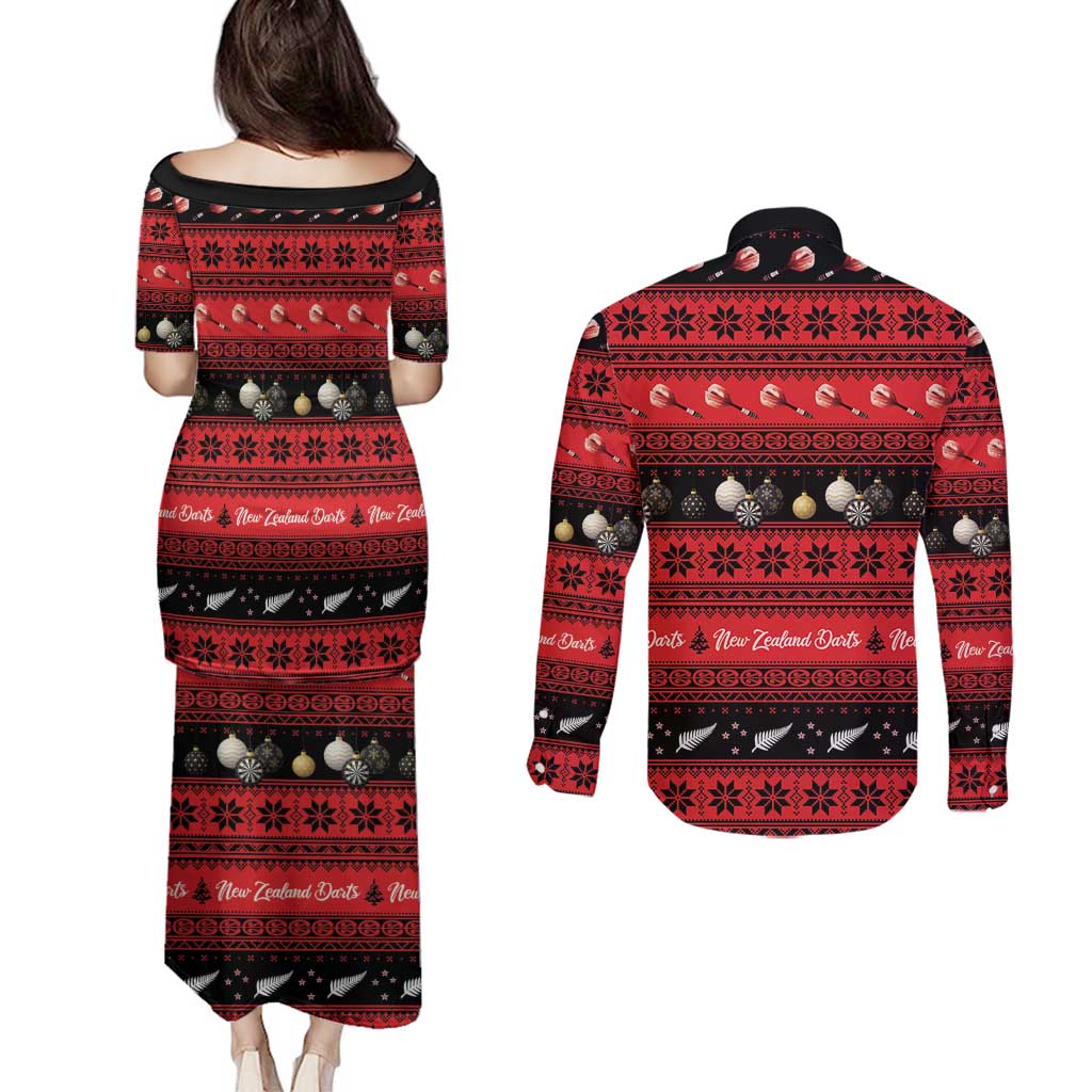 New Zealand Darts Christmas Couples Matching Puletasi and Long Sleeve Button Shirt Merry Xmas Aotearoa Maori Red - Aussie Hoodie