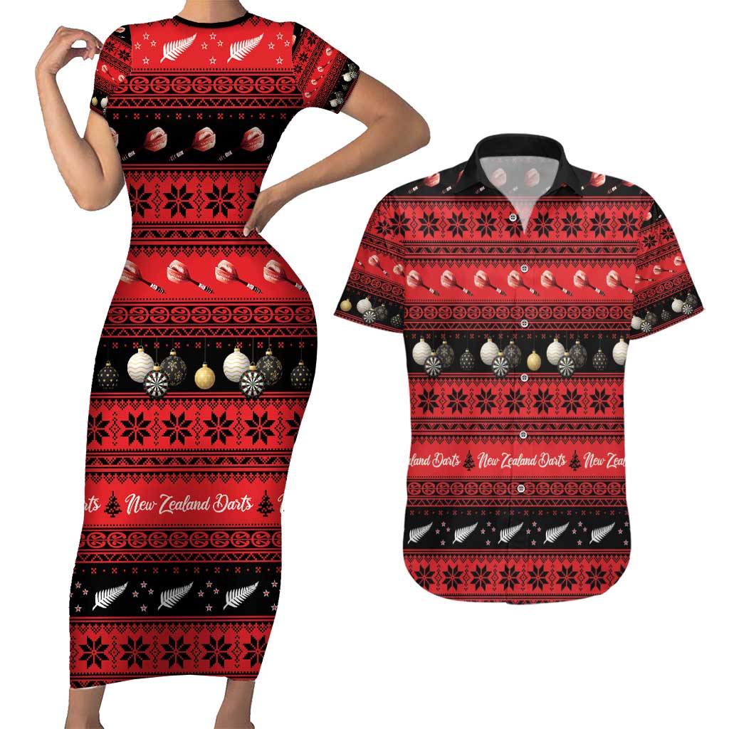 New Zealand Darts Christmas Couples Matching Short Sleeve Bodycon Dress and Hawaiian Shirt Merry Xmas Aotearoa Maori Red - Aussie Hoodie