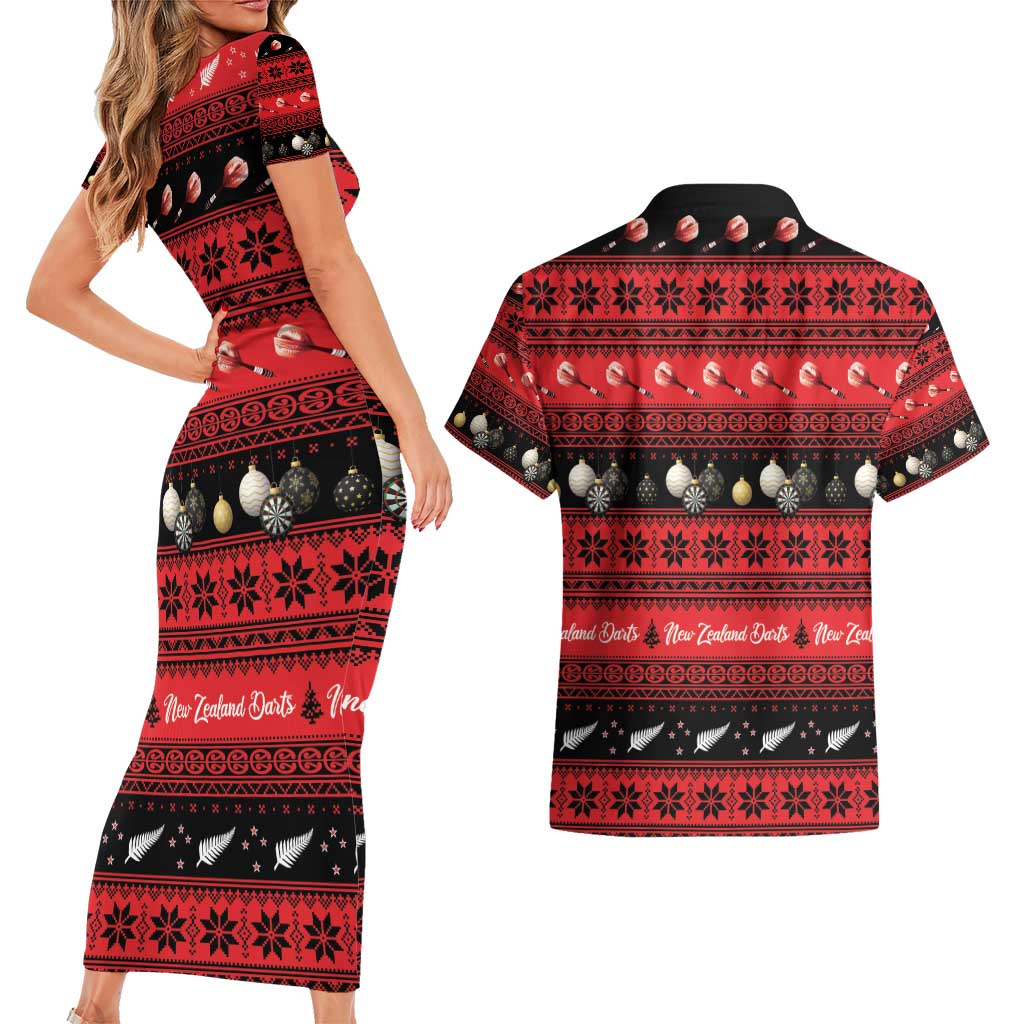 New Zealand Darts Christmas Couples Matching Short Sleeve Bodycon Dress and Hawaiian Shirt Merry Xmas Aotearoa Maori Red - Aussie Hoodie