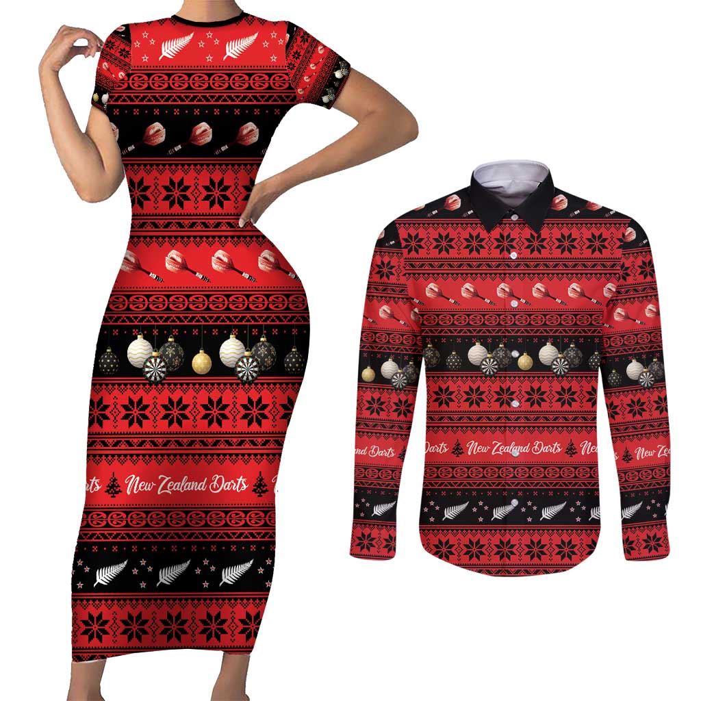New Zealand Darts Christmas Couples Matching Short Sleeve Bodycon Dress and Long Sleeve Button Shirt Merry Xmas Aotearoa Maori Red - Aussie Hoodie