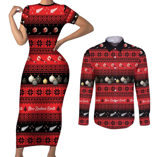 New Zealand Darts Christmas Couples Matching Short Sleeve Bodycon Dress and Long Sleeve Button Shirt Merry Xmas Aotearoa Maori Red - Aussie Hoodie