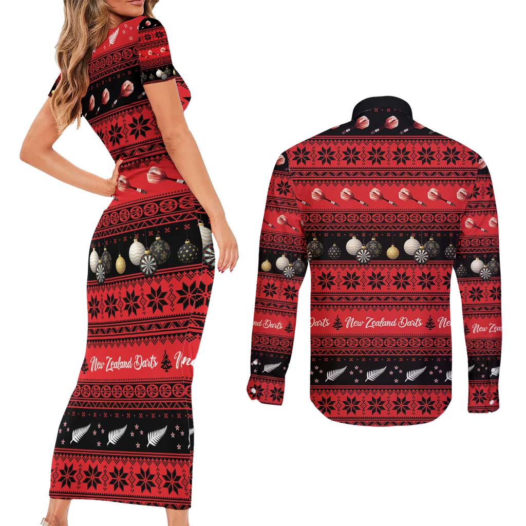 New Zealand Darts Christmas Couples Matching Short Sleeve Bodycon Dress and Long Sleeve Button Shirt Merry Xmas Aotearoa Maori Red - Aussie Hoodie