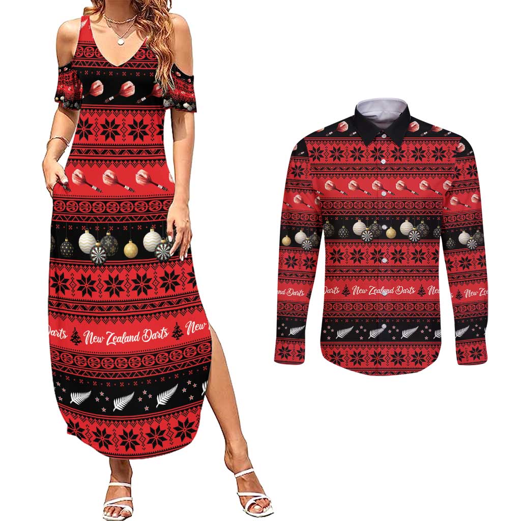 New Zealand Darts Christmas Couples Matching Summer Maxi Dress and Long Sleeve Button Shirt Merry Xmas Aotearoa Maori Red - Aussie Hoodie