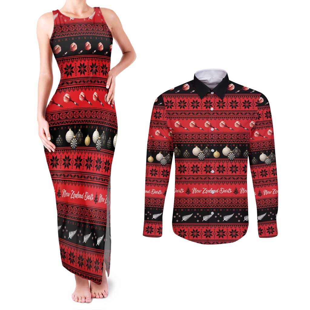 New Zealand Darts Christmas Couples Matching Tank Maxi Dress and Long Sleeve Button Shirt Merry Xmas Aotearoa Maori Red - Aussie Hoodie