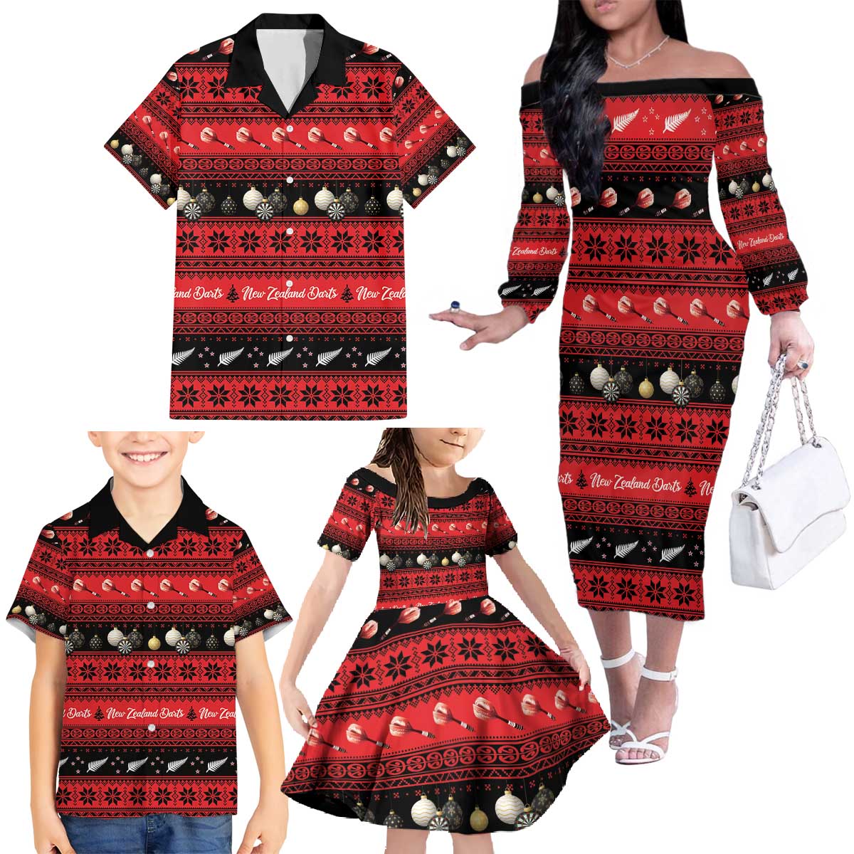 New Zealand Darts Christmas Family Matching Off The Shoulder Long Sleeve Dress and Hawaiian Shirt Merry Xmas Aotearoa Maori Red - Aussie Hoodie