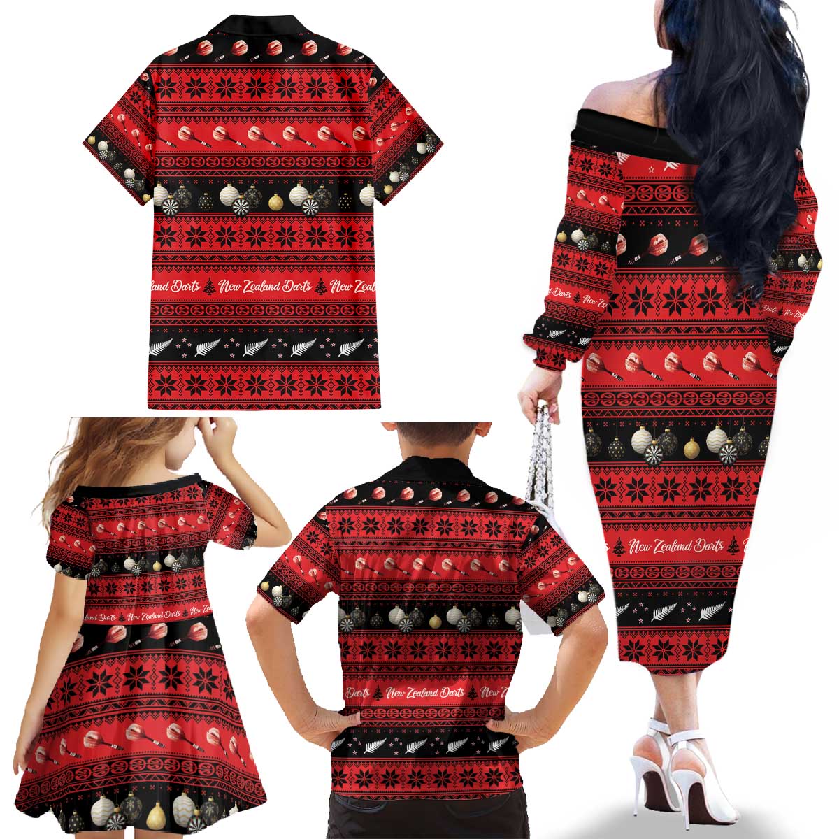 New Zealand Darts Christmas Family Matching Off The Shoulder Long Sleeve Dress and Hawaiian Shirt Merry Xmas Aotearoa Maori Red - Aussie Hoodie