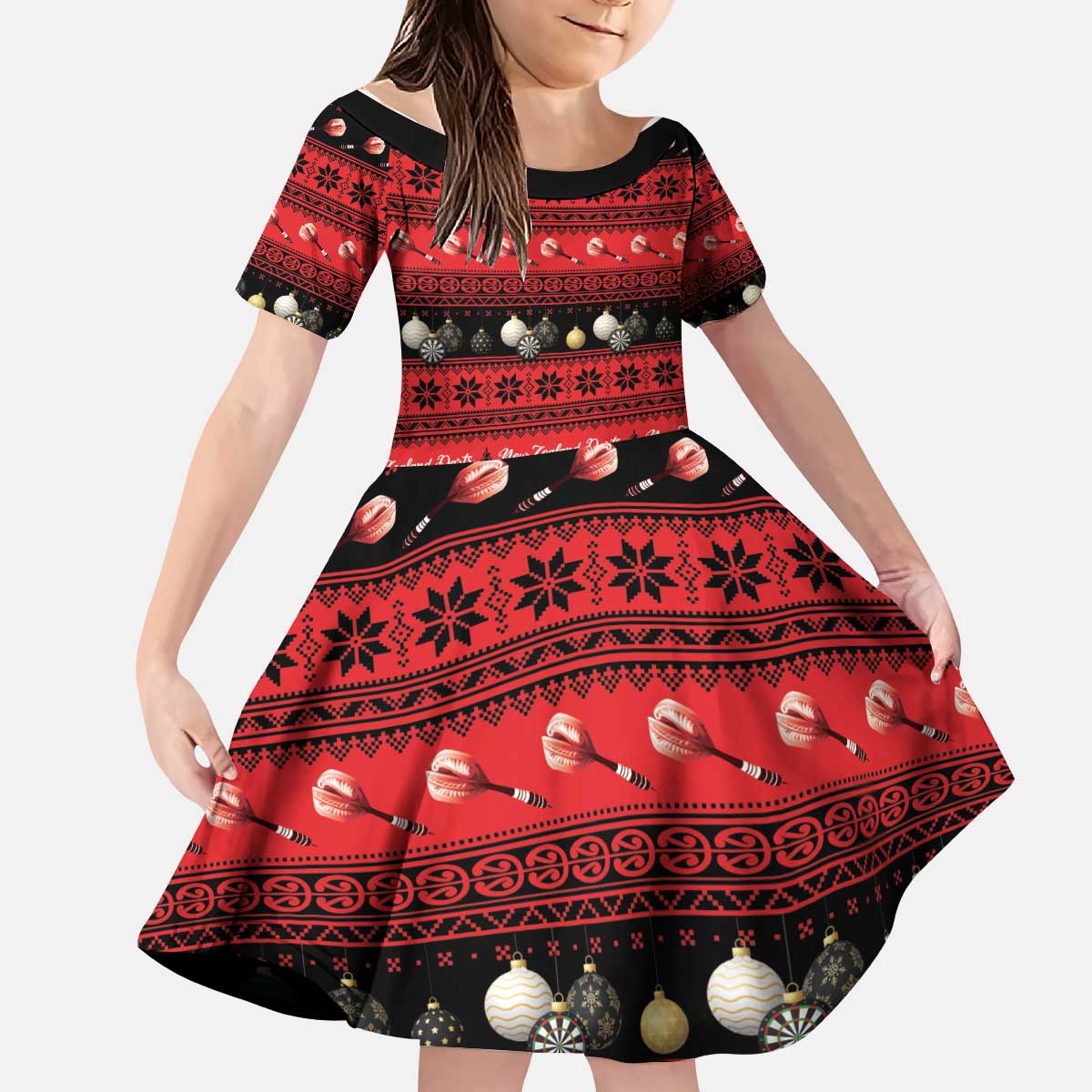 New Zealand Darts Christmas Kid Short Sleeve Dress Merry Xmas Aotearoa Maori Red - Aussie Hoodie