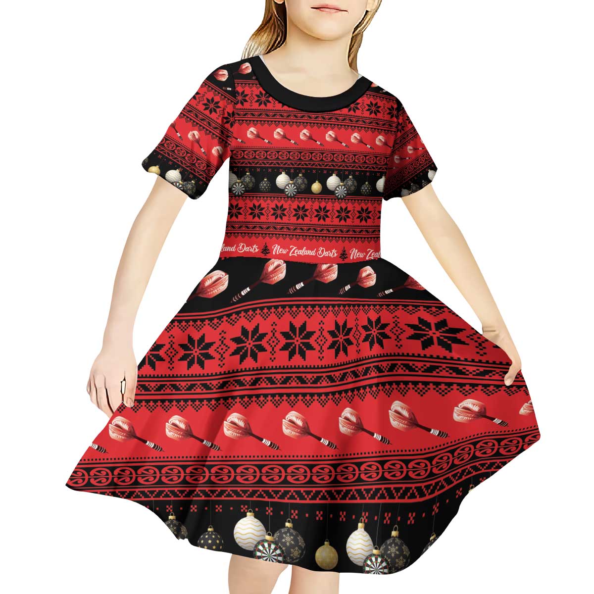 New Zealand Darts Christmas Kid Short Sleeve Dress Merry Xmas Aotearoa Maori Red - Aussie Hoodie
