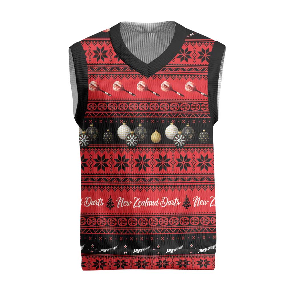 New Zealand Darts Christmas Knitted V-Neck Vest Merry Xmas Aotearoa Maori Red - Aussie Hoodie