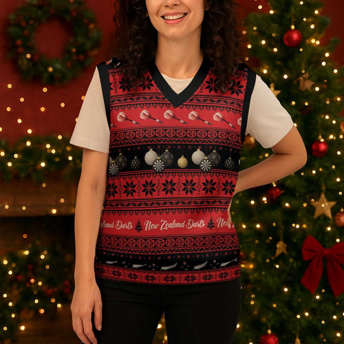 New Zealand Darts Christmas Knitted V-Neck Vest Merry Xmas Aotearoa Maori Red - Aussie Hoodie