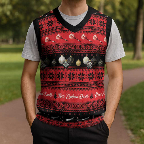 New Zealand Darts Christmas Knitted V-Neck Vest Merry Xmas Aotearoa Maori Red - Aussie Hoodie