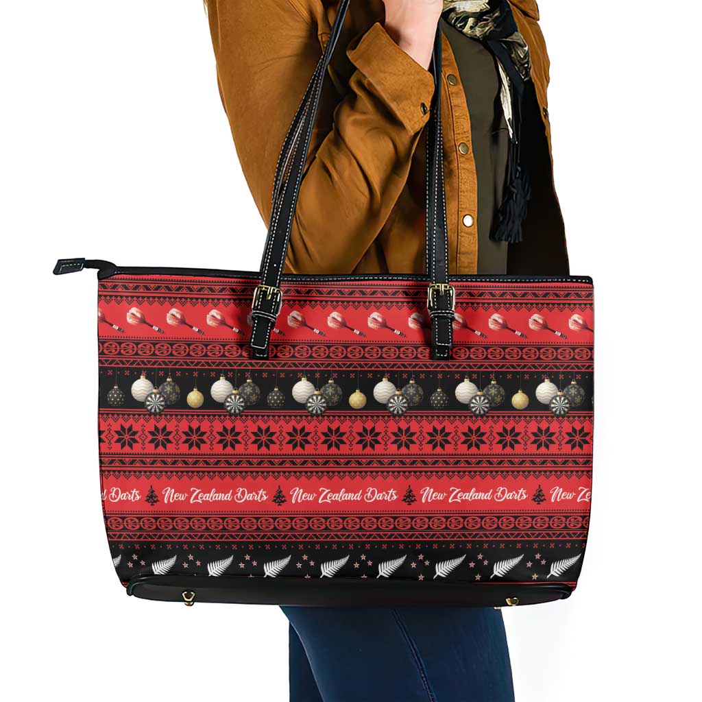New Zealand Darts Christmas Leather Tote Bag Merry Xmas Aotearoa Maori Red - Aussie Hoodie