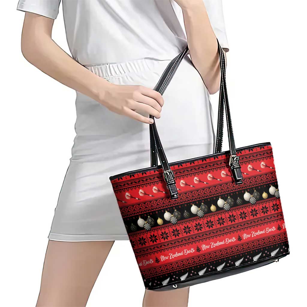 New Zealand Darts Christmas Leather Tote Bag Merry Xmas Aotearoa Maori Red - Aussie Hoodie