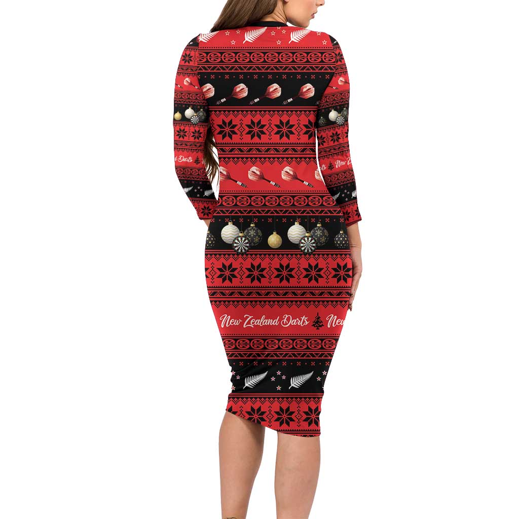 New Zealand Darts Christmas Long Sleeve Bodycon Dress Merry Xmas Aotearoa Maori Red - Aussie Hoodie