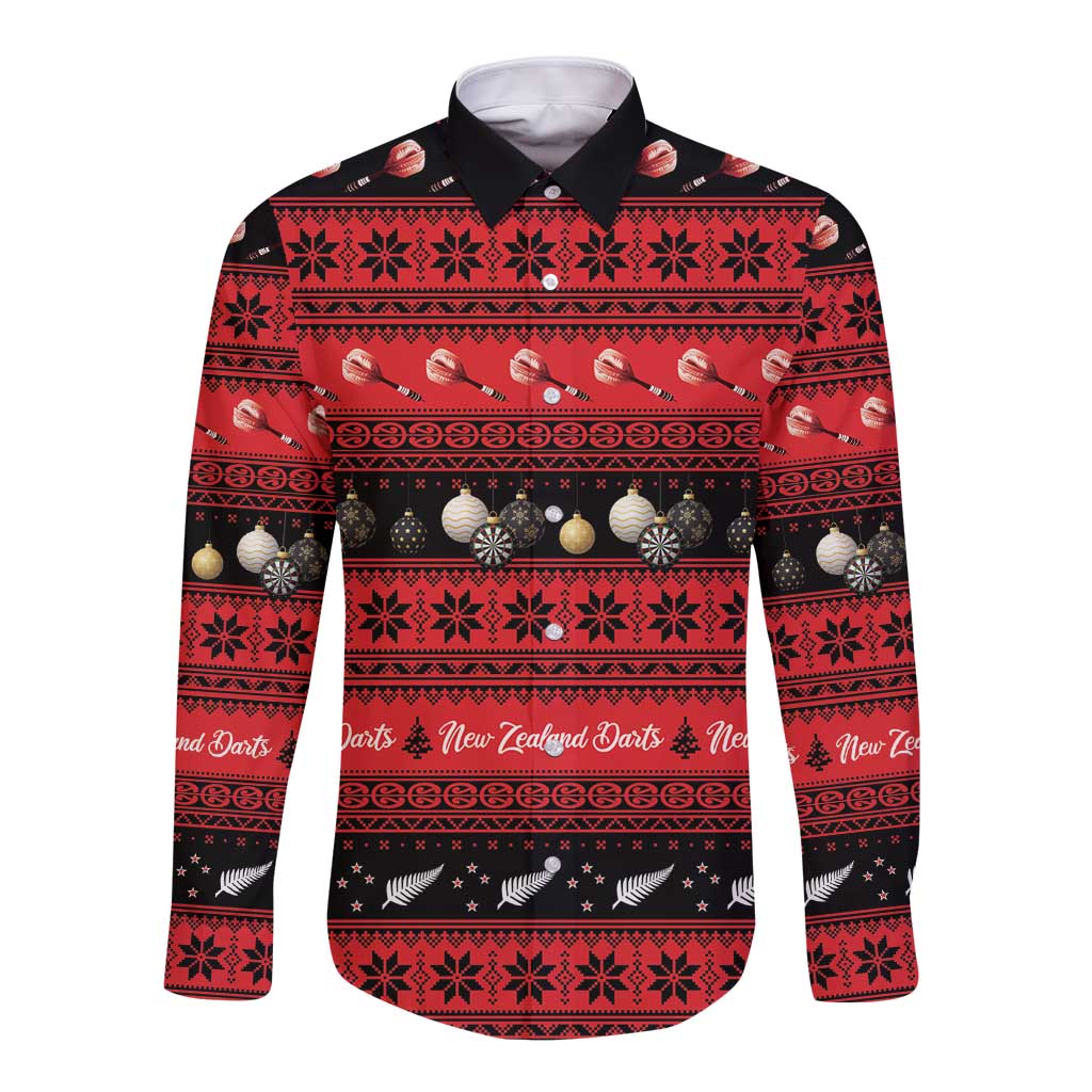 New Zealand Darts Christmas Long Sleeve Button Shirt Merry Xmas Aotearoa Maori Red - Aussie Hoodie