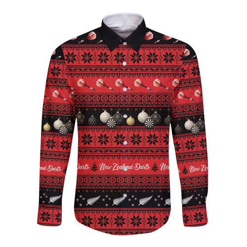 New Zealand Darts Christmas Long Sleeve Button Shirt Merry Xmas Aotearoa Maori Red - Aussie Hoodie