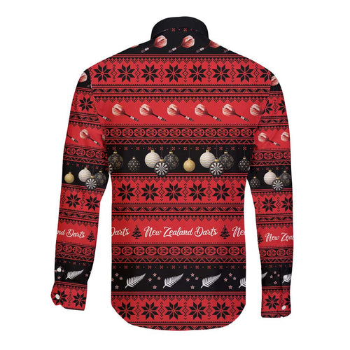 New Zealand Darts Christmas Long Sleeve Button Shirt Merry Xmas Aotearoa Maori Red - Aussie Hoodie