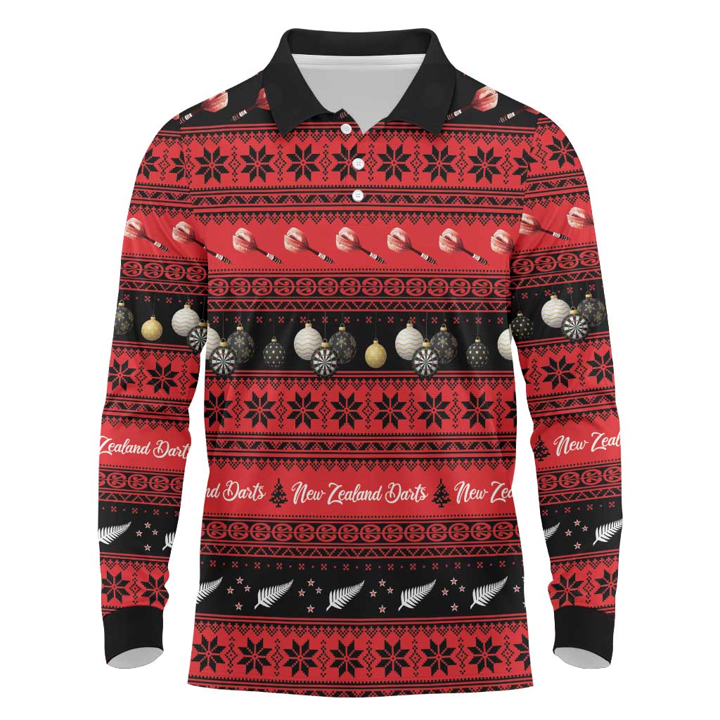 New Zealand Darts Christmas Long Sleeve Polo Shirt Merry Xmas Aotearoa Maori Red - Aussie Hoodie