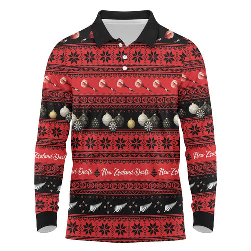 New Zealand Darts Christmas Long Sleeve Polo Shirt Merry Xmas Aotearoa Maori Red - Aussie Hoodie