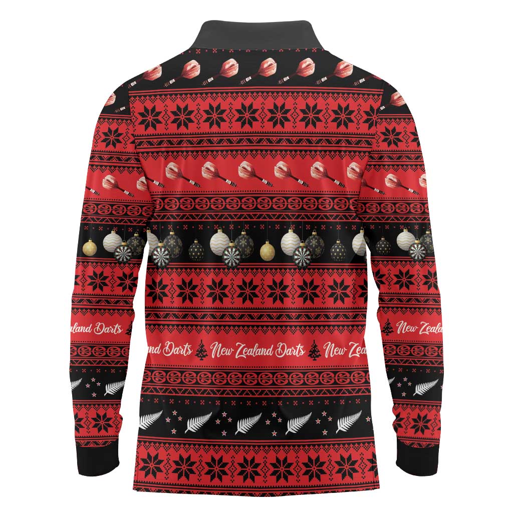 New Zealand Darts Christmas Long Sleeve Polo Shirt Merry Xmas Aotearoa Maori Red - Aussie Hoodie