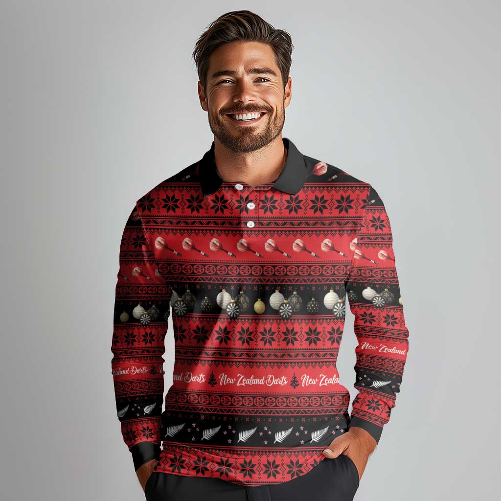 New Zealand Darts Christmas Long Sleeve Polo Shirt Merry Xmas Aotearoa Maori Red - Aussie Hoodie