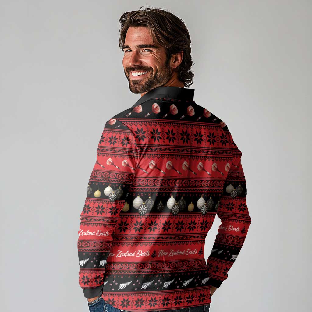 New Zealand Darts Christmas Long Sleeve Polo Shirt Merry Xmas Aotearoa Maori Red - Aussie Hoodie
