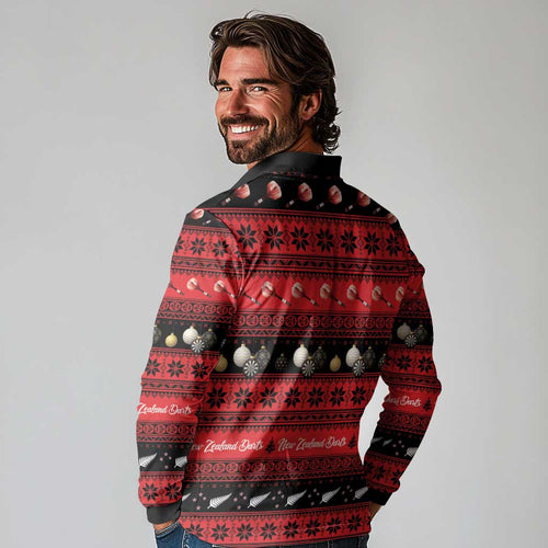 New Zealand Darts Christmas Long Sleeve Polo Shirt Merry Xmas Aotearoa Maori Red - Aussie Hoodie