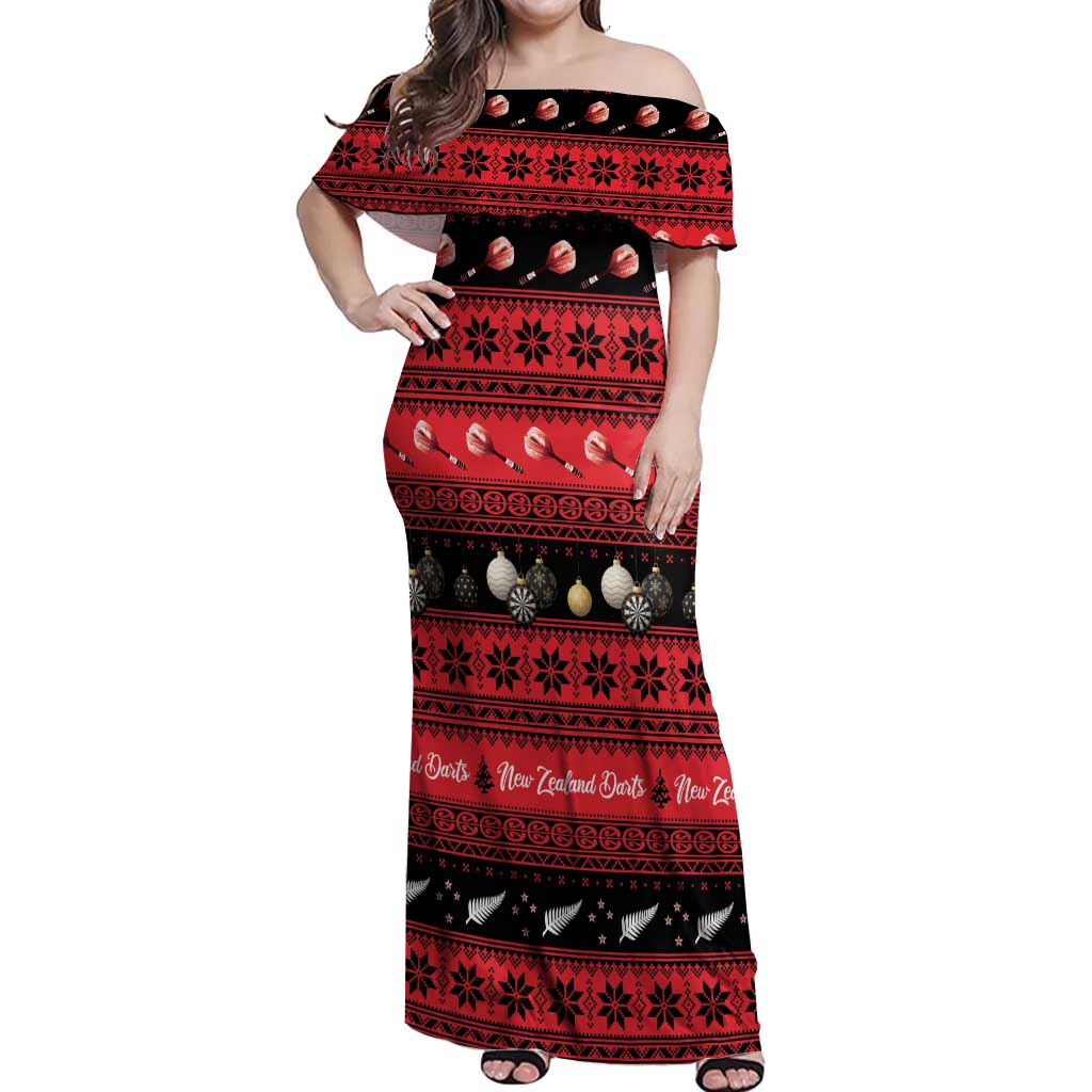 New Zealand Darts Christmas Off Shoulder Maxi Dress Merry Xmas Aotearoa Maori Red - Aussie Hoodie