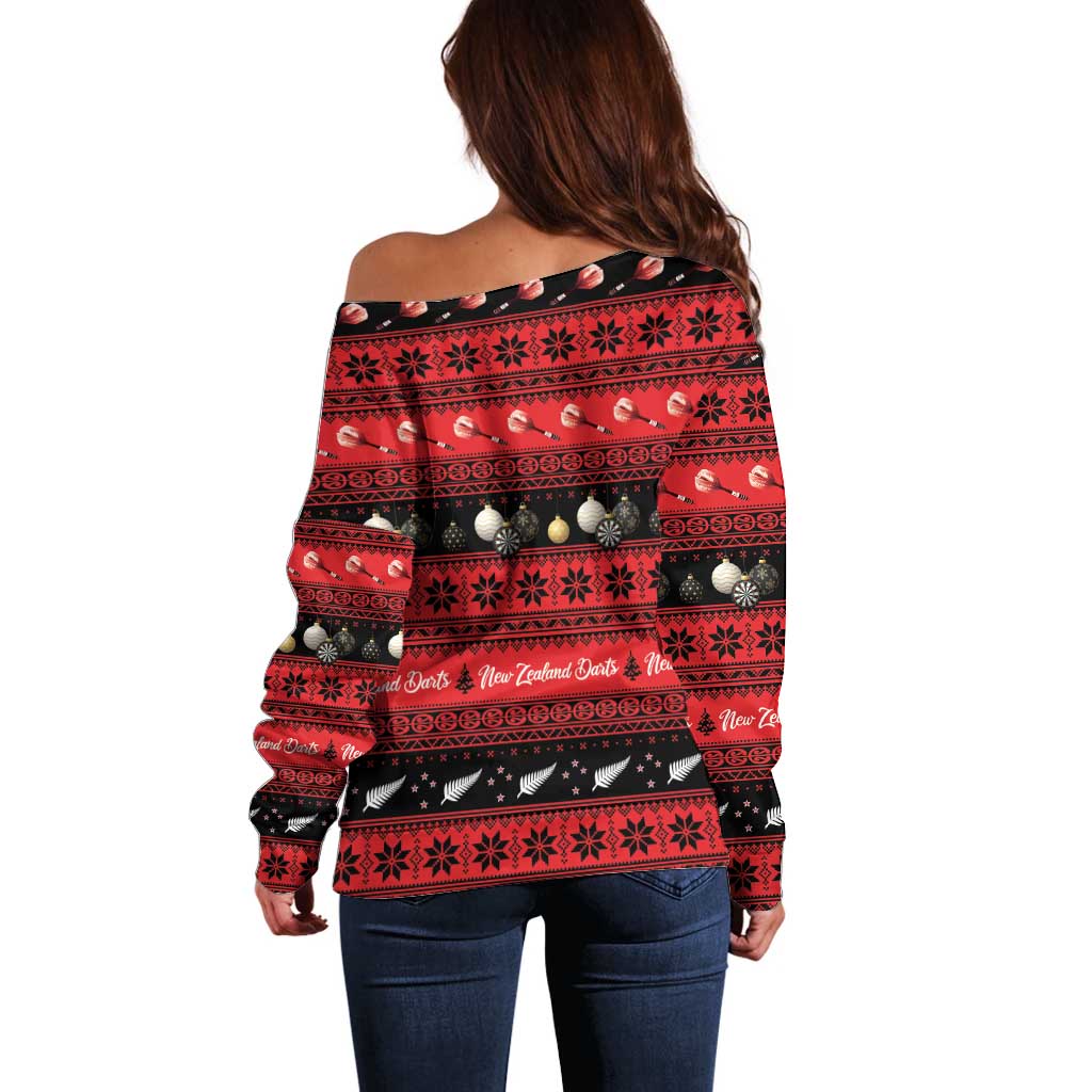 New Zealand Darts Christmas Off Shoulder Sweater Merry Xmas Aotearoa Maori Red - Aussie Hoodie